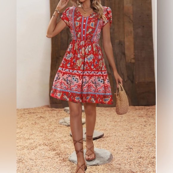 Red Boho Floral Print Petal Sleeve Dress - Picture 4 of 6